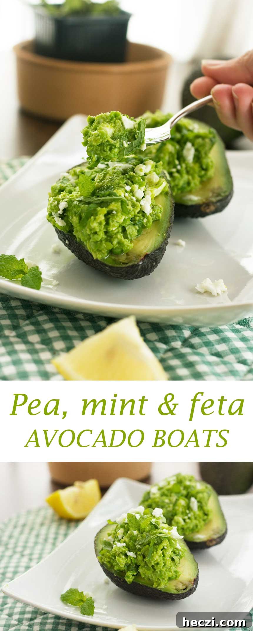 Pea, Mint & Feta Avocado Boats: Fresh Stuffed Avocado Recipe 8 Pea, mint and feta avocado boats on a green and white cloth and white plate for a Pinterest pin.
