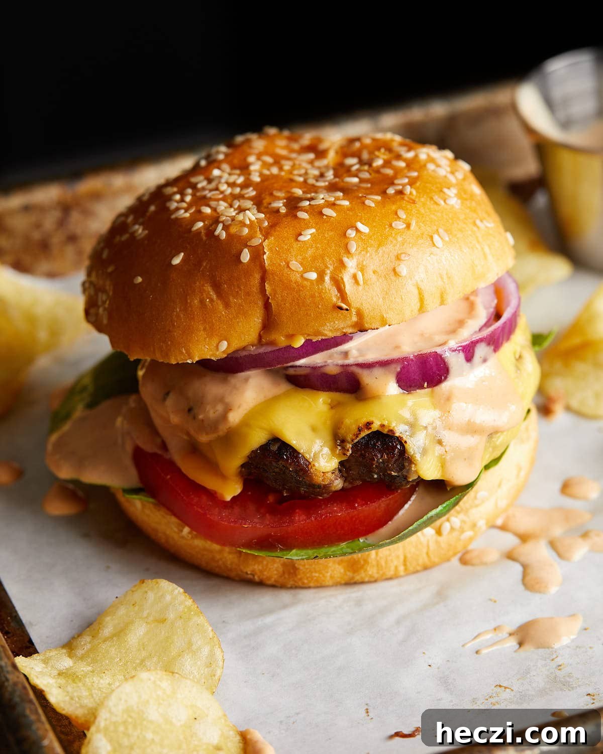 Juicy Grilled Hamburger Recipe for Perfect Summer BBQ 2 Finished cheeseburger on a sesame bun with lettuce, tomato, and red onion.