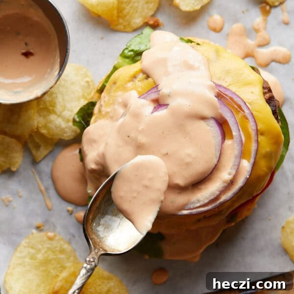 Juicy Grilled Hamburger Recipe for Perfect Summer BBQ 10 Gold spoon spreading burger sauce onto a burger.