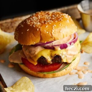Juicy Grilled Hamburger Recipe for Perfect Summer BBQ 7 Finished cheeseburger on a sesame bun with lettuce, tomato, and red onion.