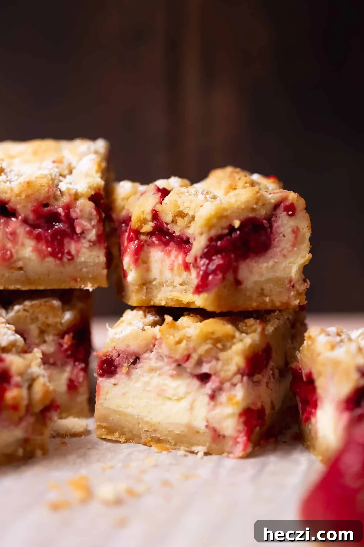 Close-up bite shot of strawberry cheesecake bars stacked on parchment paper.