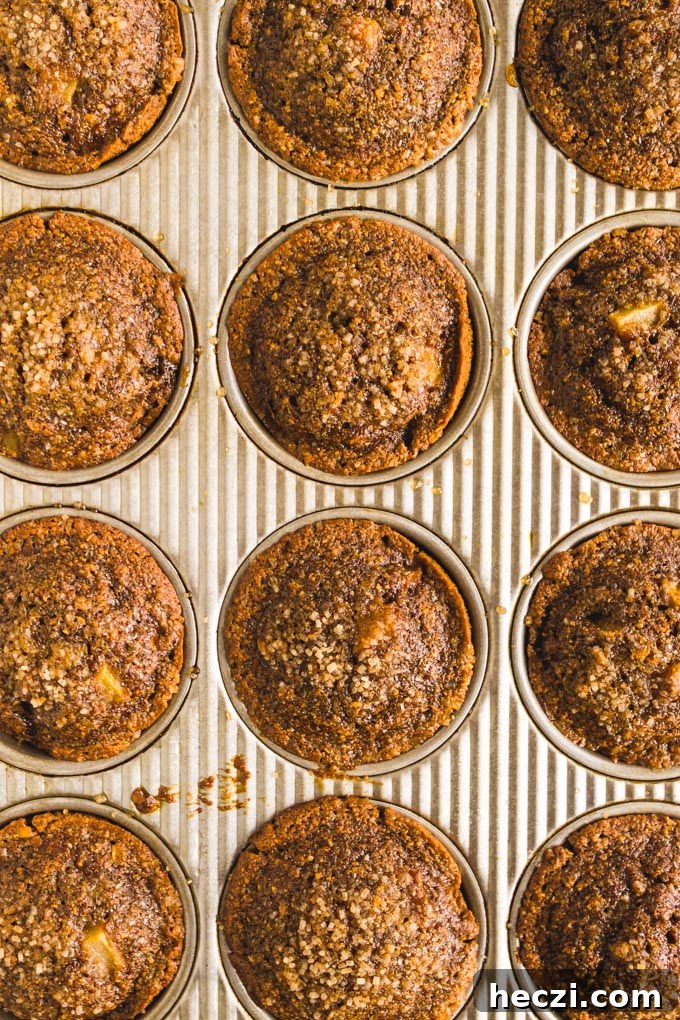 Gluten-Free Gingerbread Pear Muffins — Moist Spiced Breakfast Treat 6 Muffins with turbinado sugar on top.