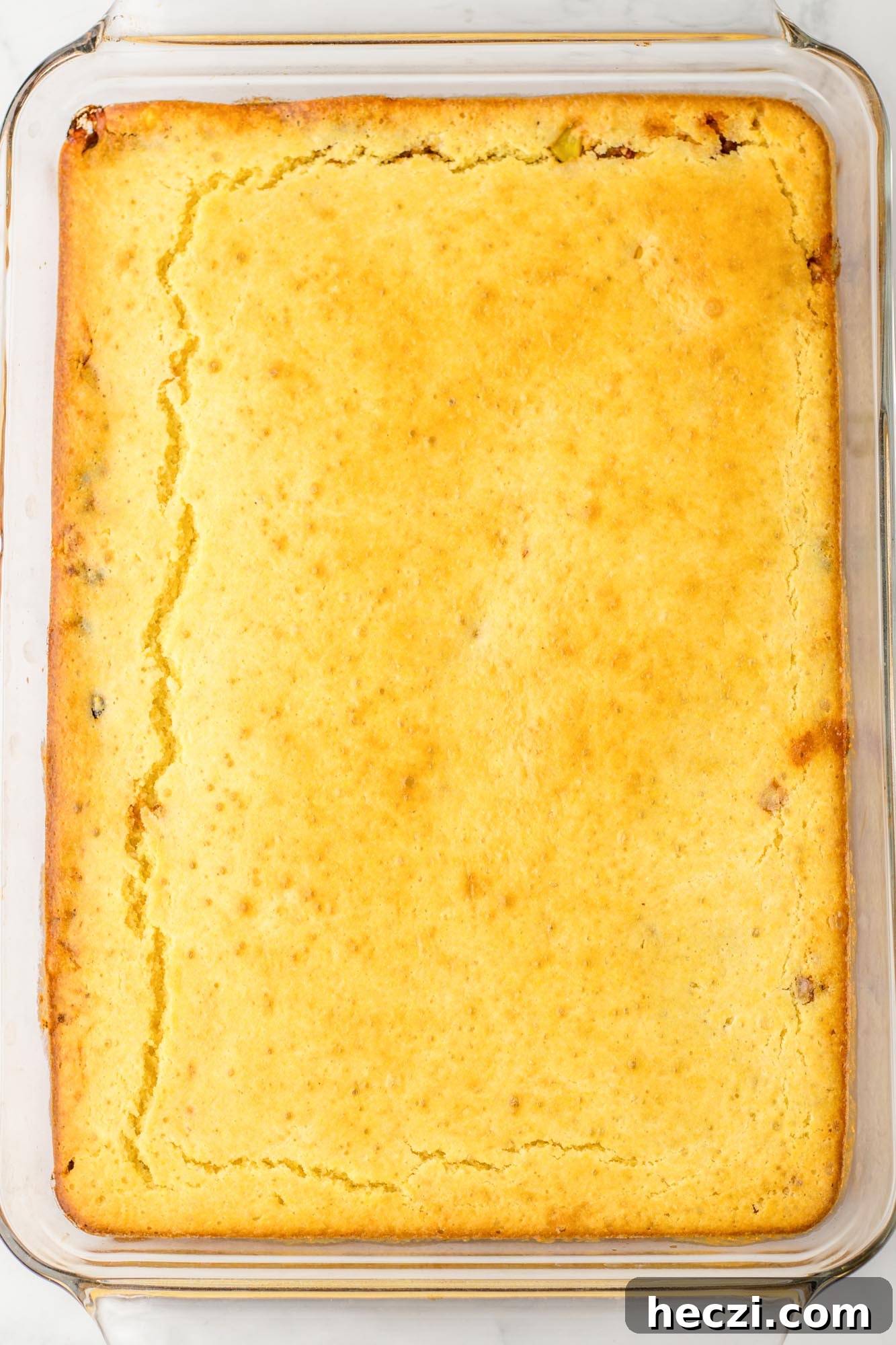 Baked cornbread casserole, overhead shot