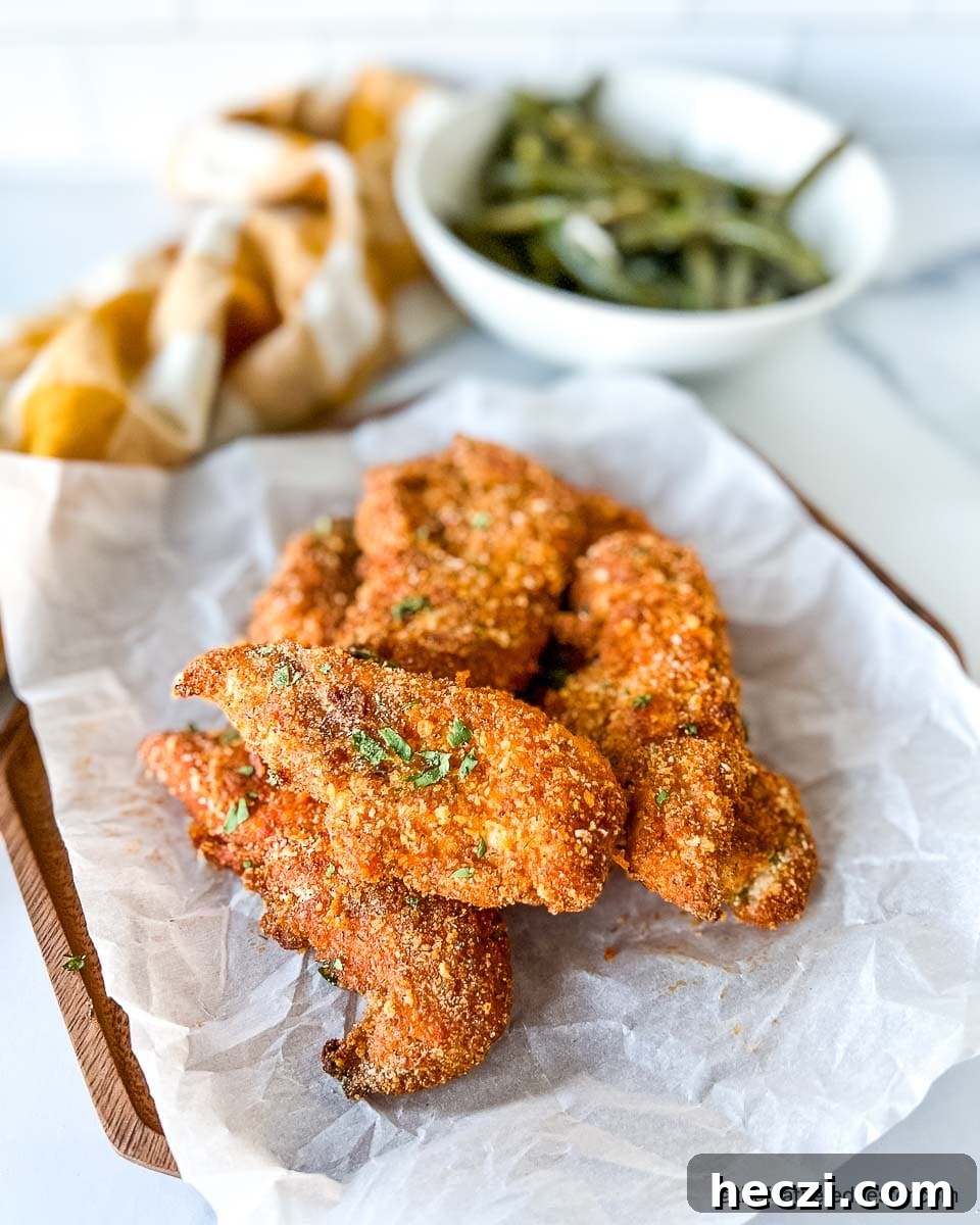 Crispy Shake-and-Bake Chicken Recipe for Oven or Air Fryer 2 Pieces of crispy Shake and Bake chicken on parchment paper with bowl of green veggies and a yellow cloth in the background.