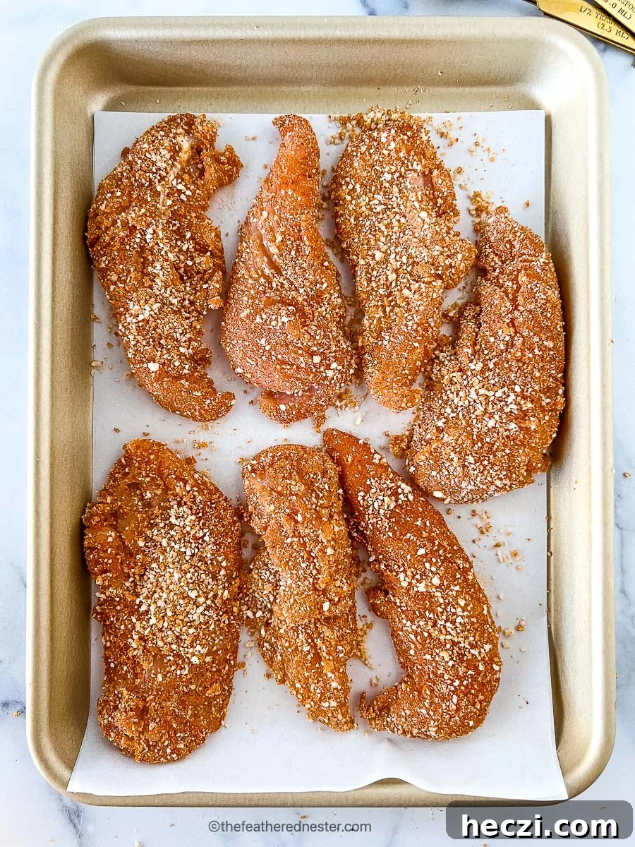 Crispy Shake-and-Bake Chicken Recipe for Oven or Air Fryer 6 Large pieces of breaded poultry on baking sheet.