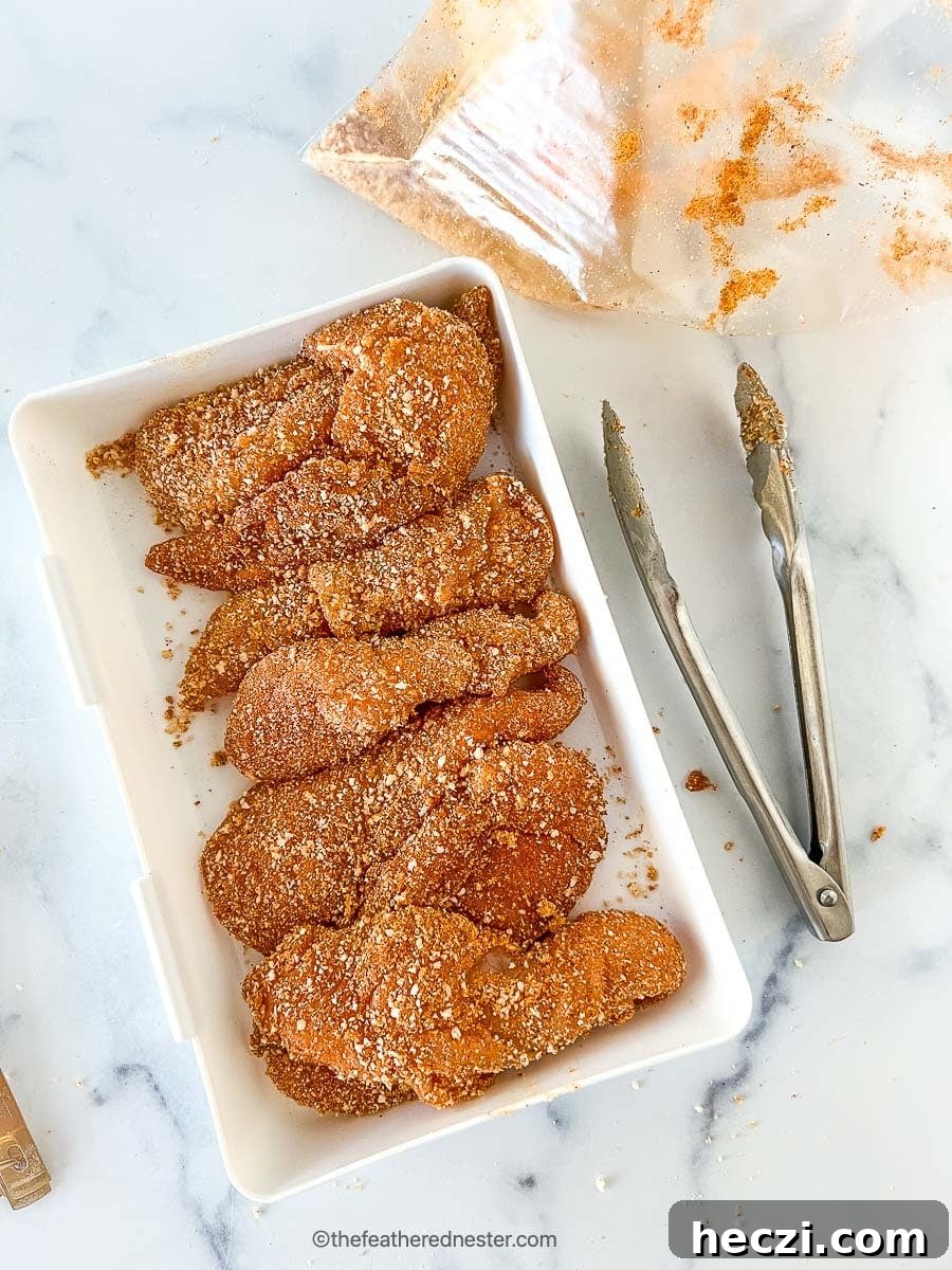 Crispy Shake-and-Bake Chicken Recipe for Oven or Air Fryer 7 Chicken tenders coated with seasonings on a casserole with tongs at the side.