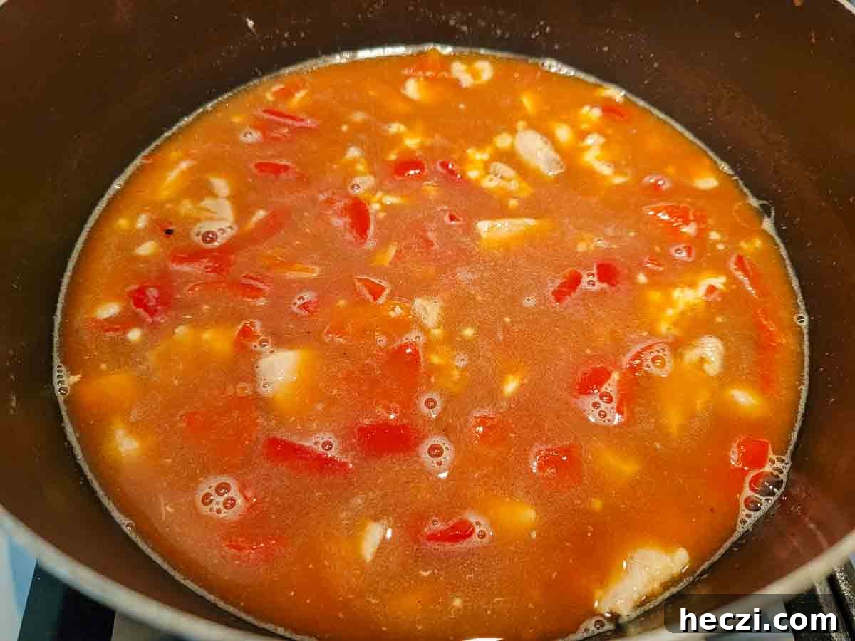 chicken soup cooking in a pan.