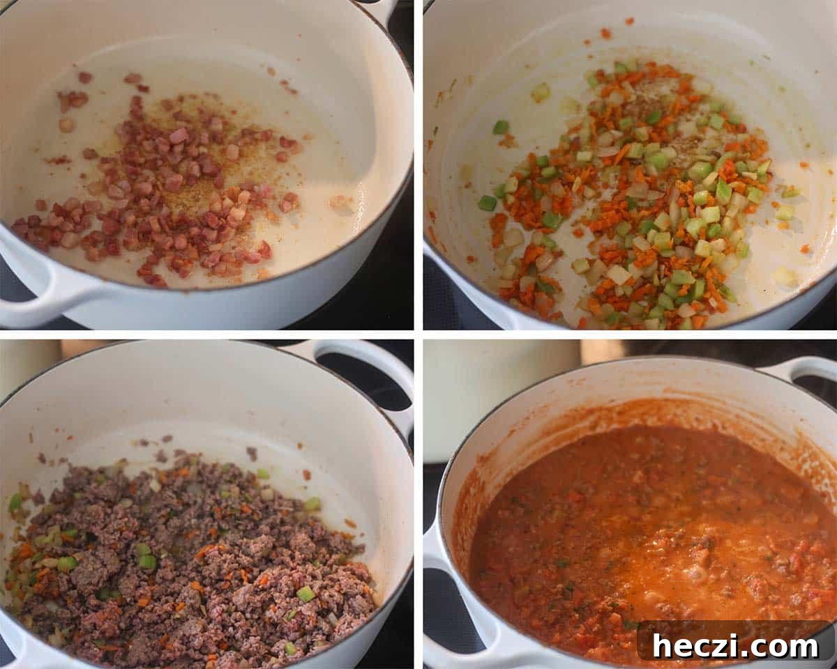 Four photo collage showing how to make bolognese.