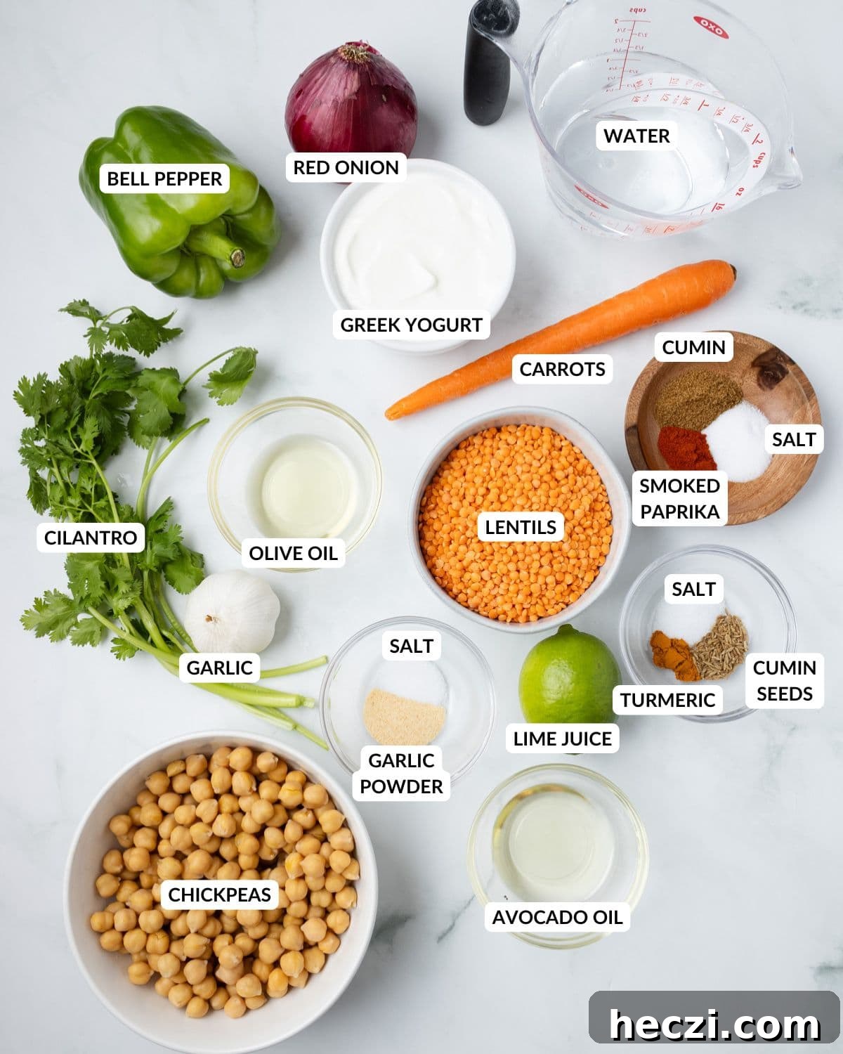 An overhead image of the ingredients of red lentil wraps.