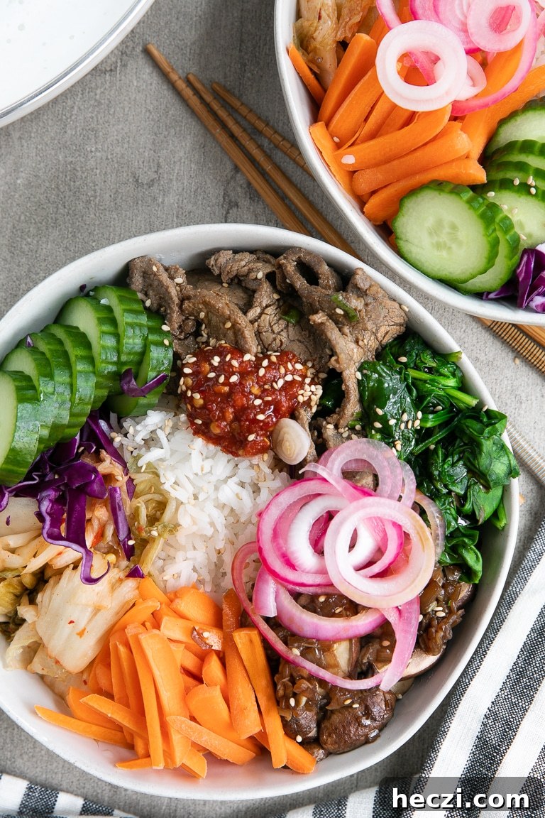 bibimbap topped with bulgogi and vegetables