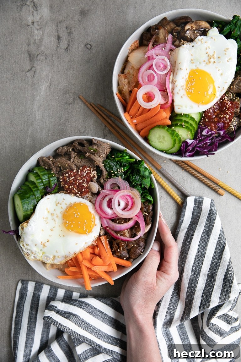 bibimbap with beef, vegetables, and fried egg