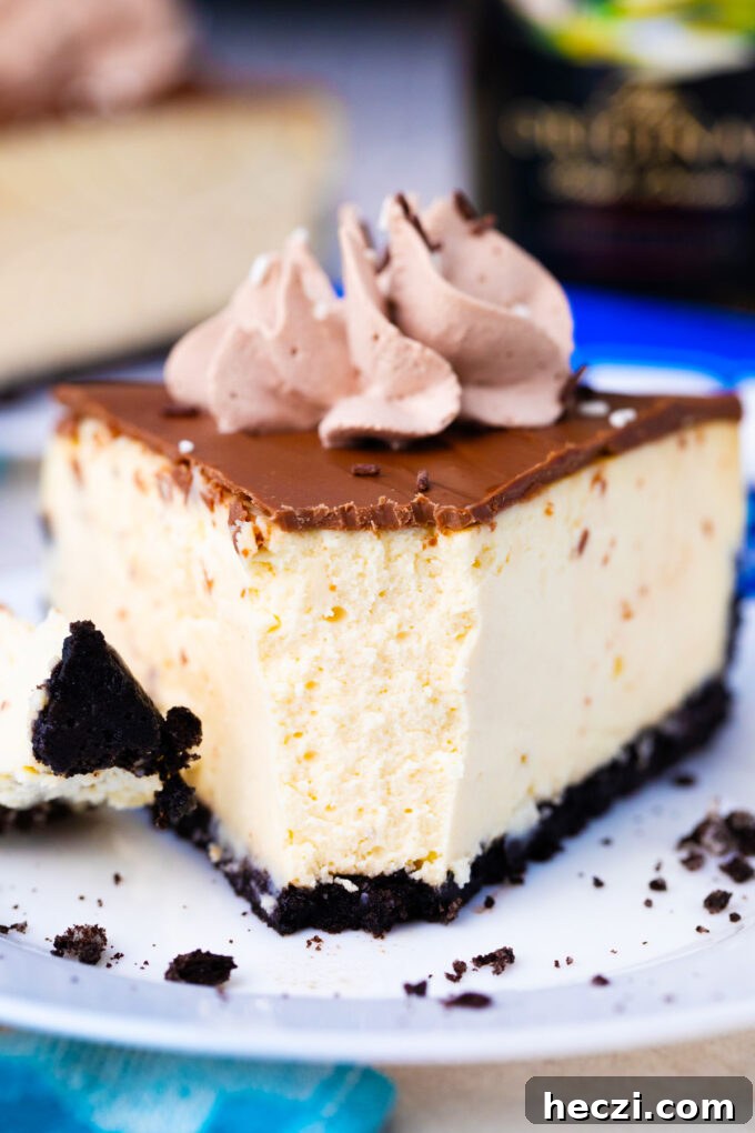 A slice of decadent triple Bailey's cheesecake.
