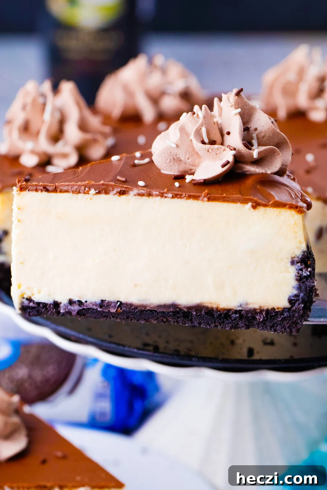 A slice of Bailey's cheesecake on a serving spatula.