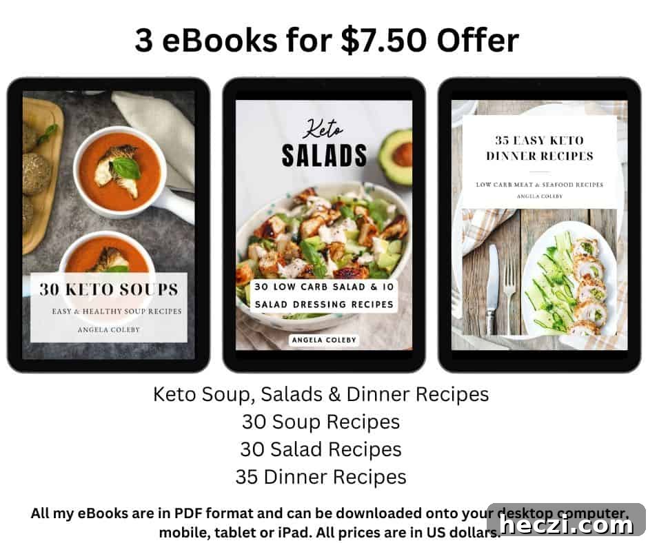 Cottage Cheese Crackers Recipe: Crispy Low-Carb Snack Guide 13 Three eBook covers displayed on tablets advertise a $7.50 offer for keto ebooks. Titles include "30 Keto Soups," "30 Salad Recipes," and "35 Easy Keto Dinner Recipes." All eBooks are in PDF format.