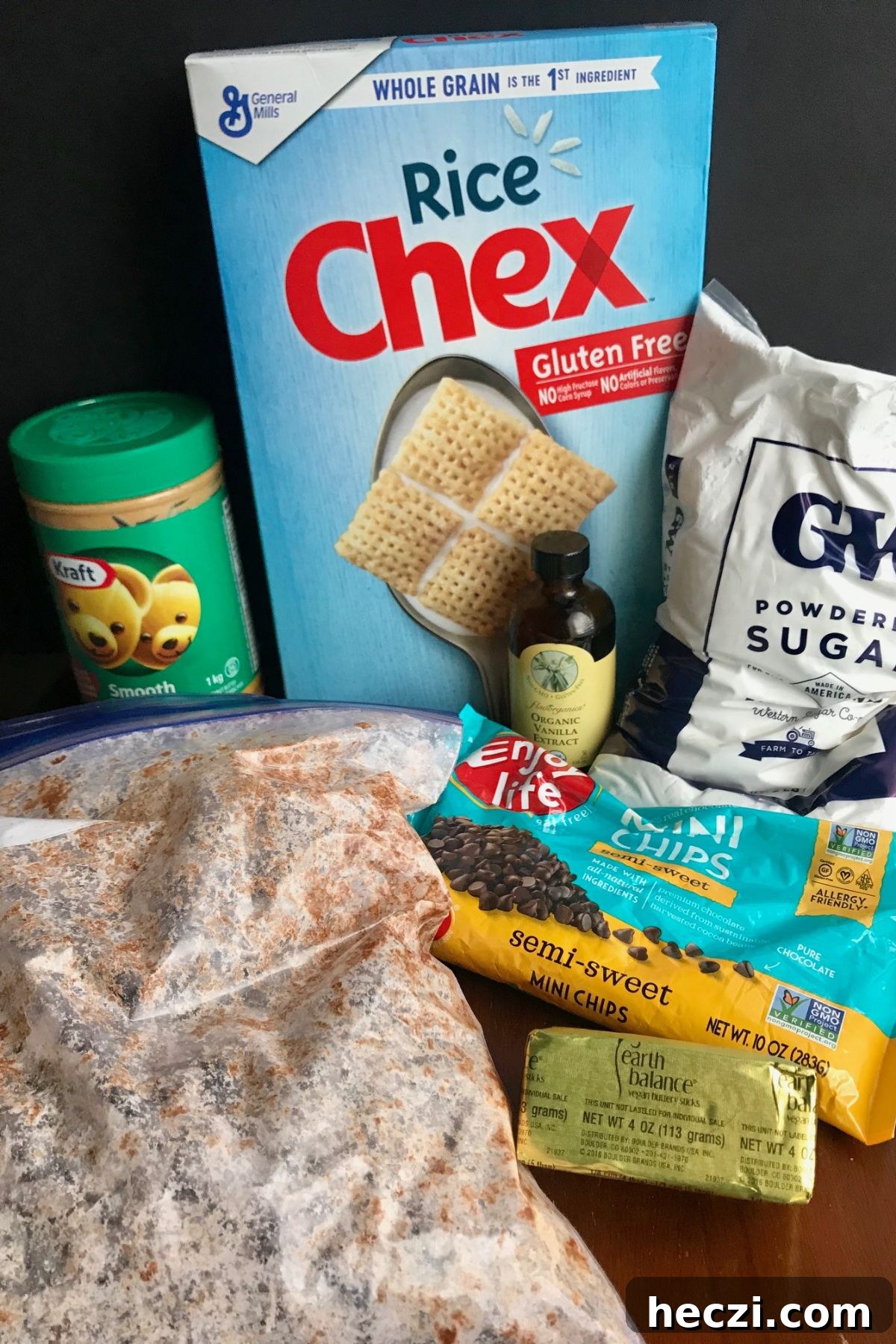 Gluten- and Dairy-Free Puppy Chow Recipe for Dogs with Allergies 2 Gluten Free Rice Chex, peanut butter, dairy free butter, powdered sugar, vanilla, and dairy free chocolate chips.