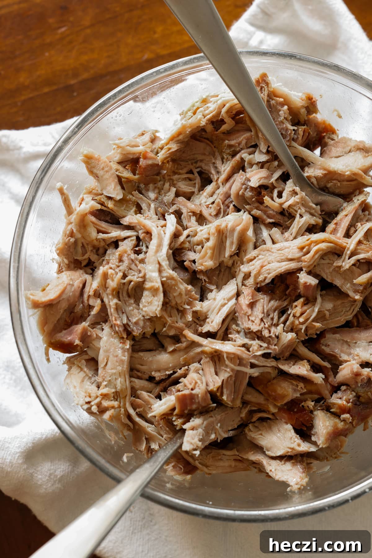 Pulled pork in a glass bowl