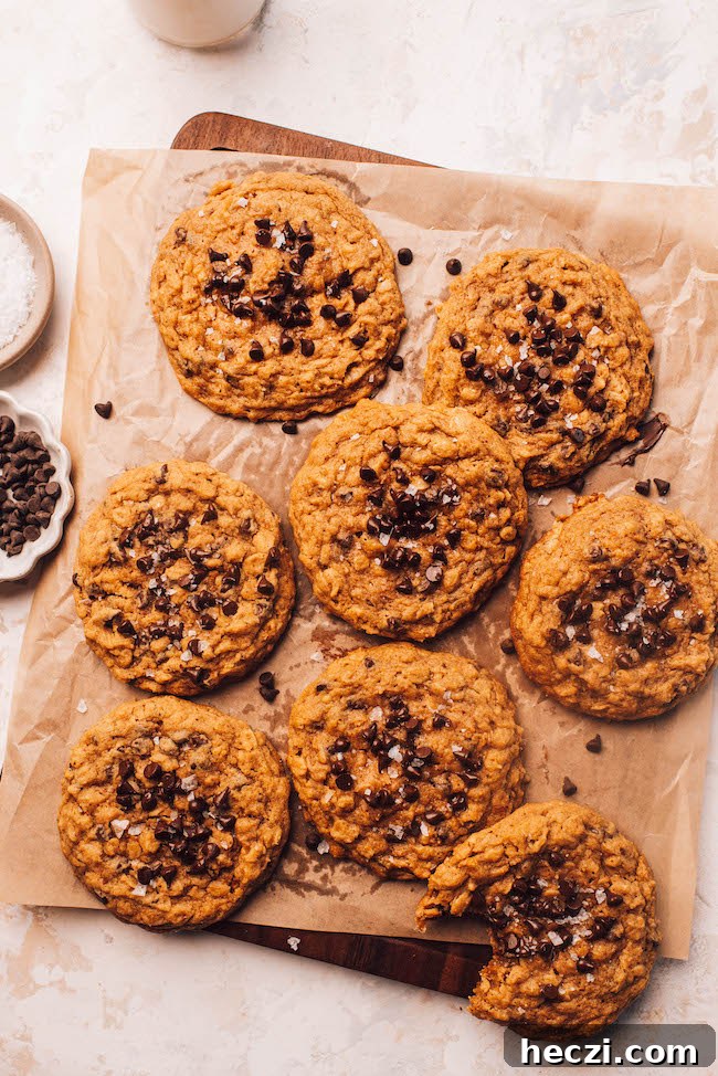 Pumpkin Oatmeal Chocolate Chip Cookies Recipe for Fall Baking 3 Cookies on a tray