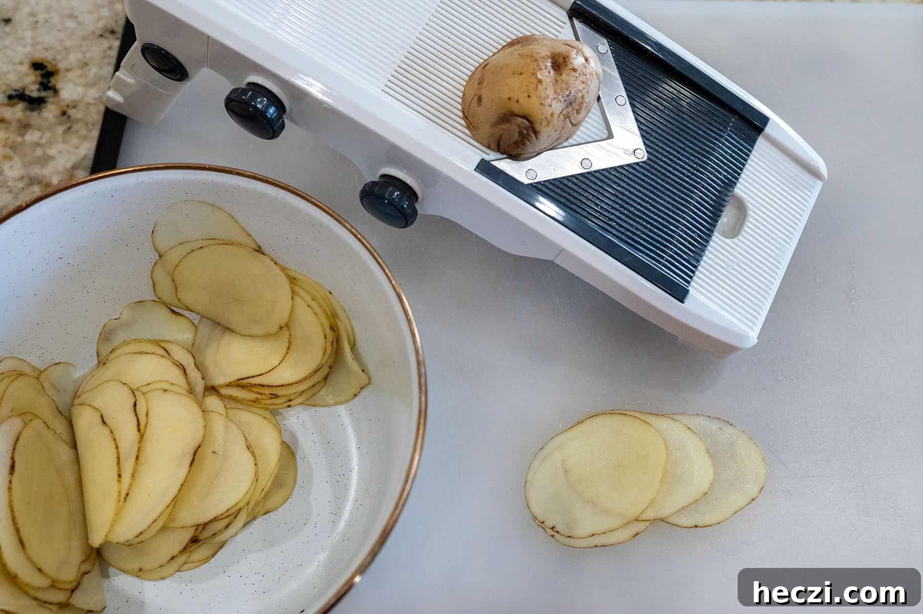Jalapeño Popper Cream Cheese Potato Stacks Recipe 10 Using mandoline to slice potatoes very thin.