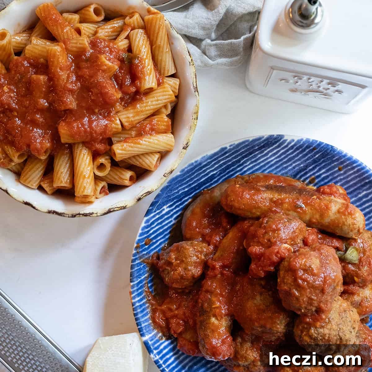 Homemade Italian Sunday Sauce Recipe for Classic Pasta Night 13 Sunday Sauce over pasta with a plate of meatballs and sausage.