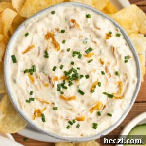Caramelized Onion Dip with Greek Yogurt — Creamy Savory Recipe 14 This is a square picture of a bowl filled of caramelized greek yogurt onion dip.