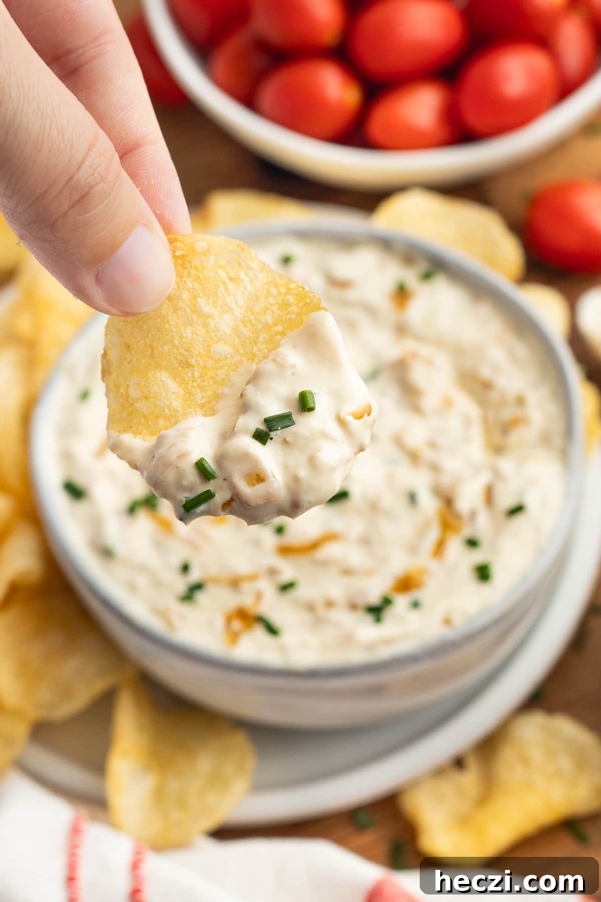 Caramelized Onion Dip with Greek Yogurt — Creamy Savory Recipe 3 This is a picture of a chip with onion dip.