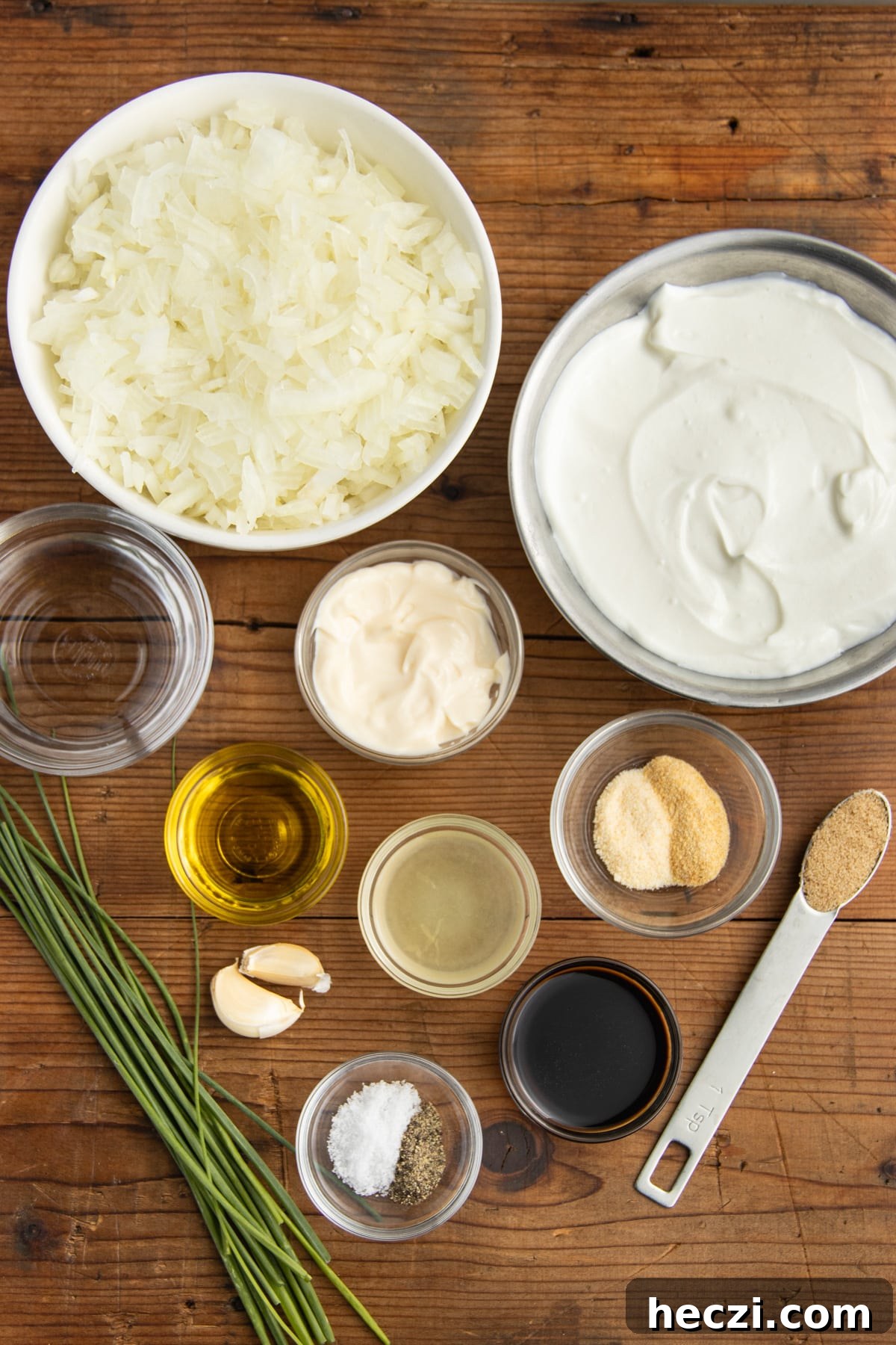 Caramelized Onion Dip with Greek Yogurt — Creamy Savory Recipe 4 This is a picture of all the ingredients needed to make this onion dip with greek yogurt recipe.