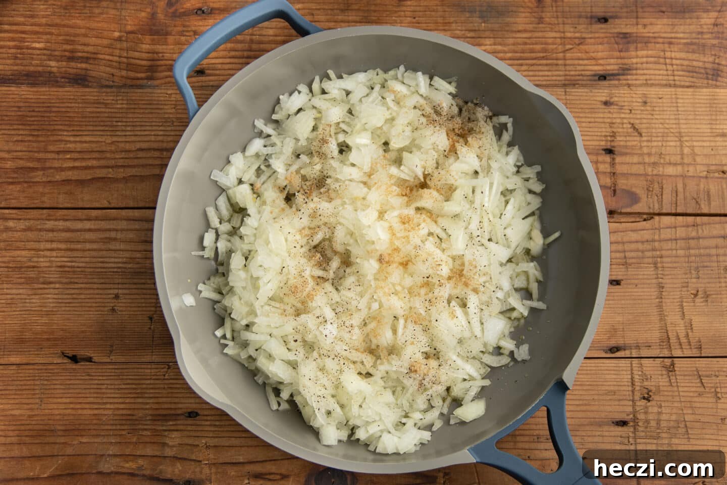 Caramelized Onion Dip with Greek Yogurt — Creamy Savory Recipe 6 This is a picture of a skillet with the onions and seasoning.