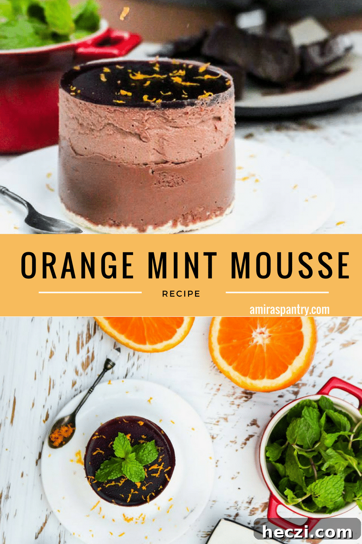 Light and Creamy Orange Mint Mousse Recipe 6 An infograph for a food on a plate, with Mint and Mousse dessert
