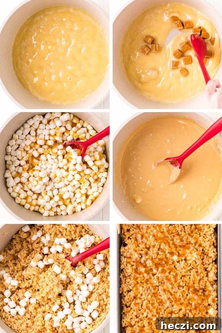 Step by step photo collage showing how to make caramel rice krispie treats.
