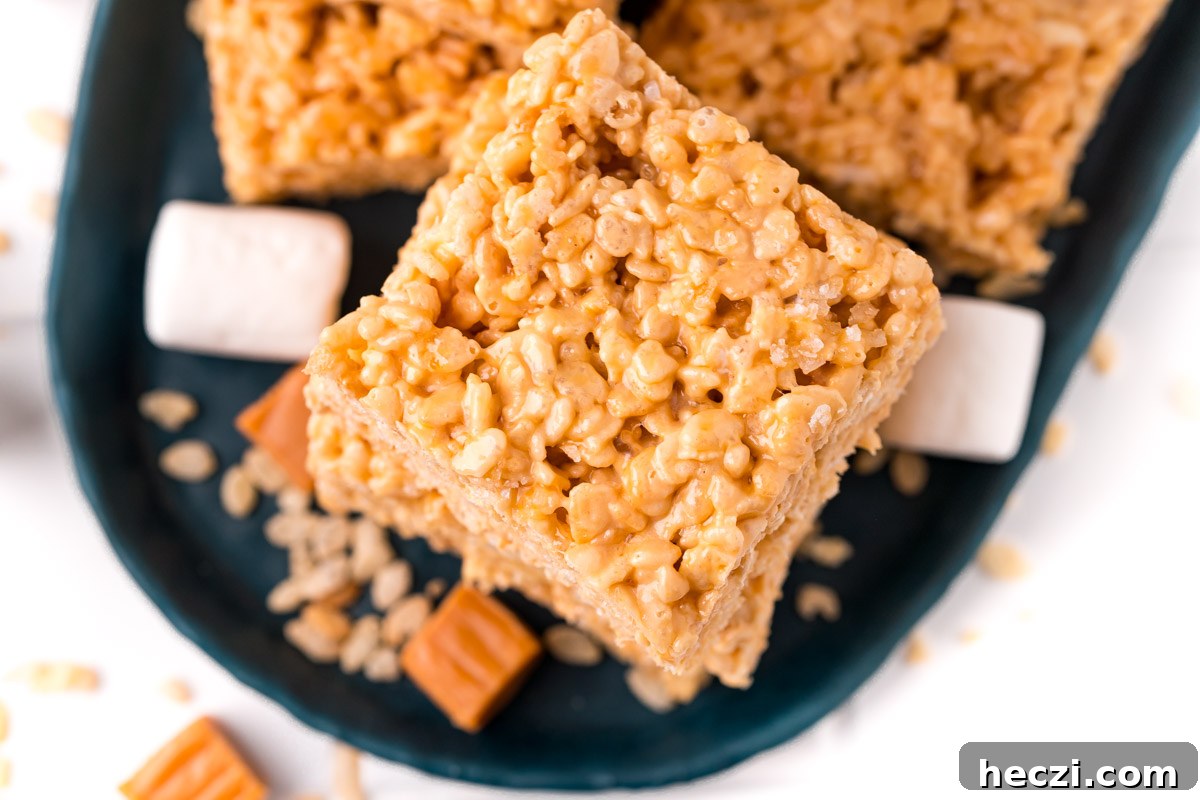 Overhead photo of a stack of salted caramel rice krispie treats.