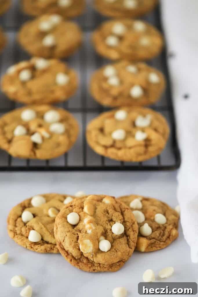 White Chocolate Chip Pumpkin Cookies: Soft Fall Cookie Recipe 5 best pumpkin desserts, pumpkin cookies with white chocolate chips, white chocolate pumpkin cookies, chewy pumpkin cookies.