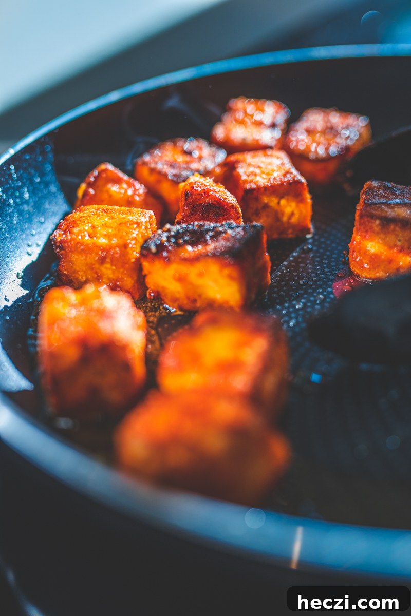 Smoky BBQ Tofu Bowls with Grilled Veggies and Rice 3 The Tofu Cooking for the BBQ Tofu Bowls - Georgie Eats