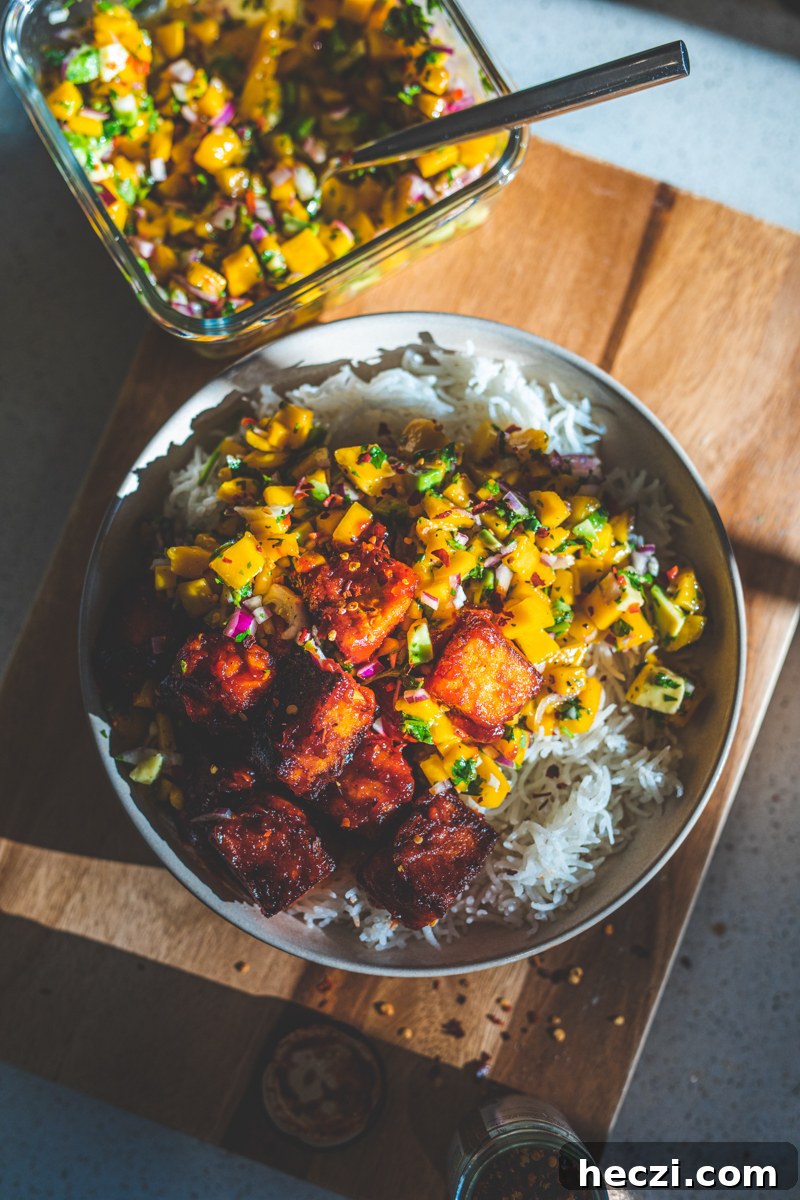 Smoky BBQ Tofu Bowls with Grilled Veggies and Rice 4 BBQ Tofu Bowls with Mango Salsa - Georgie Eats
