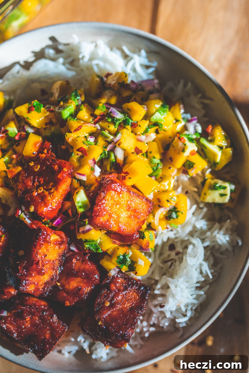 Smoky BBQ Tofu Bowls with Grilled Veggies and Rice 5 BBQ Tofu Bowls with Mango Salsa - Georgie Eats