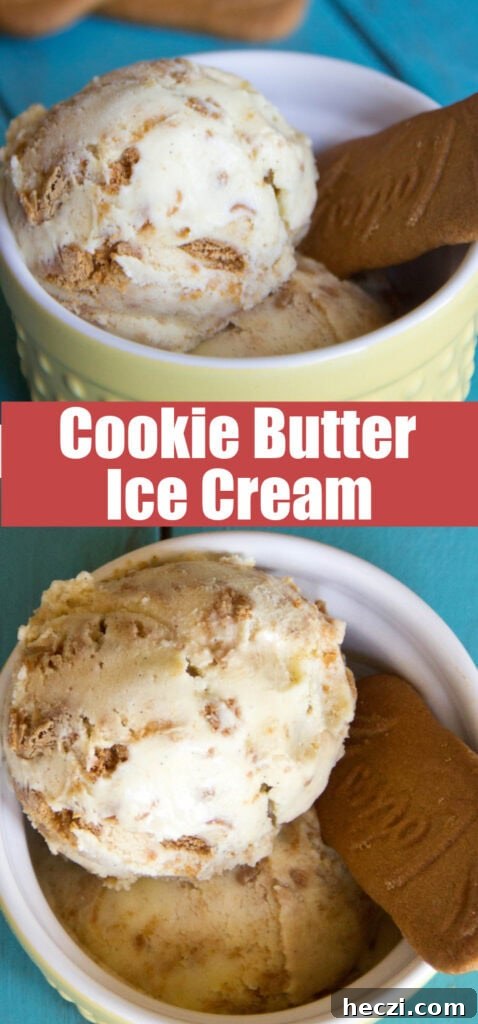 Biscoff Cookie Butter Ice Cream Recipe — Creamy Lotus Spread Gelato 2 close up of scoops of cookie butter ice cream in a bowl