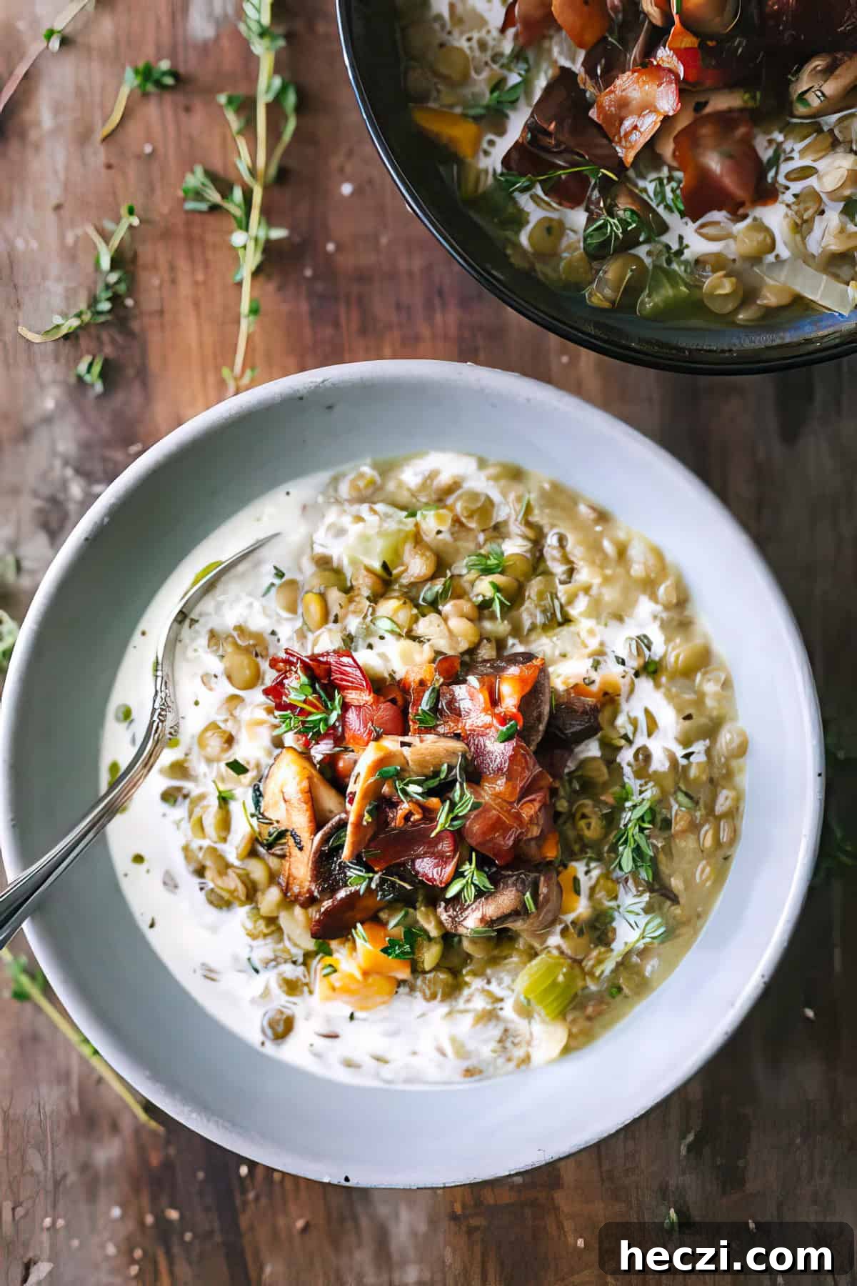 Creamy lentils with bacon and thyme in a bowl.
