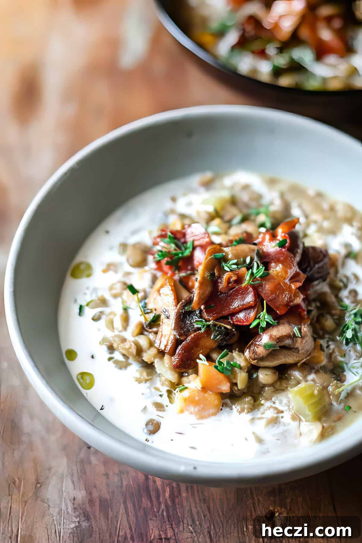 Creamy lentils with bacon and thyme in a bowl.