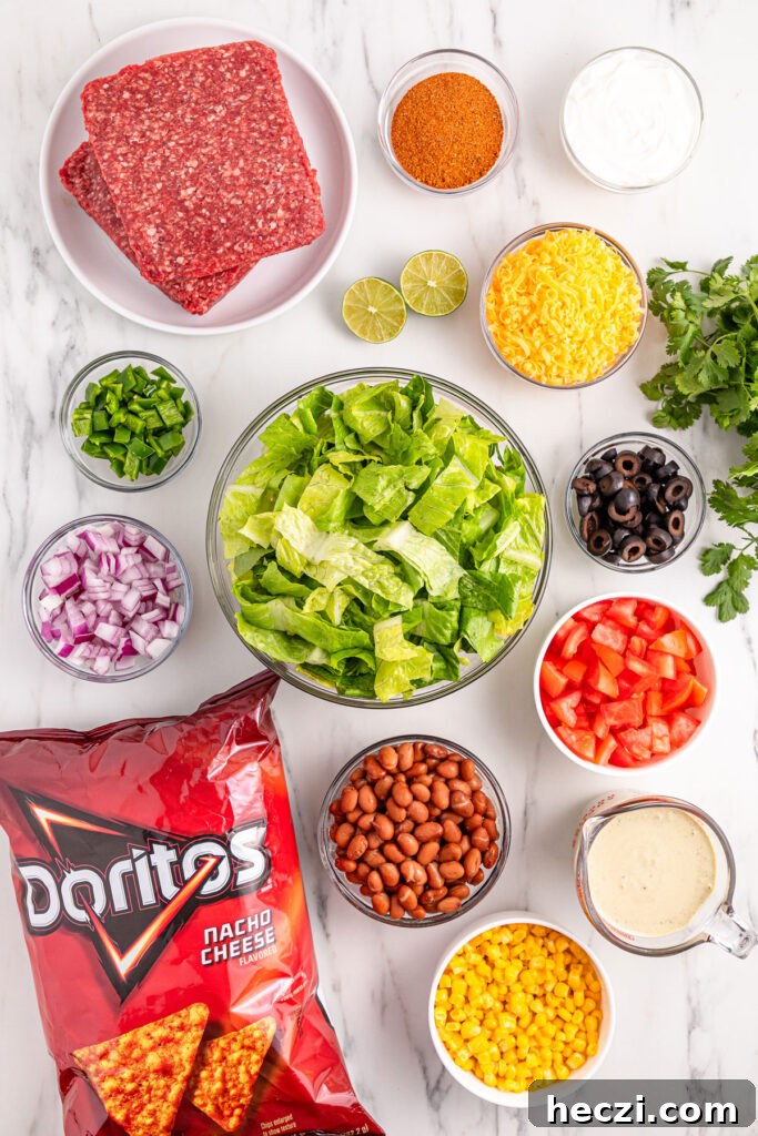 Doritos taco salad ingredients on countertop