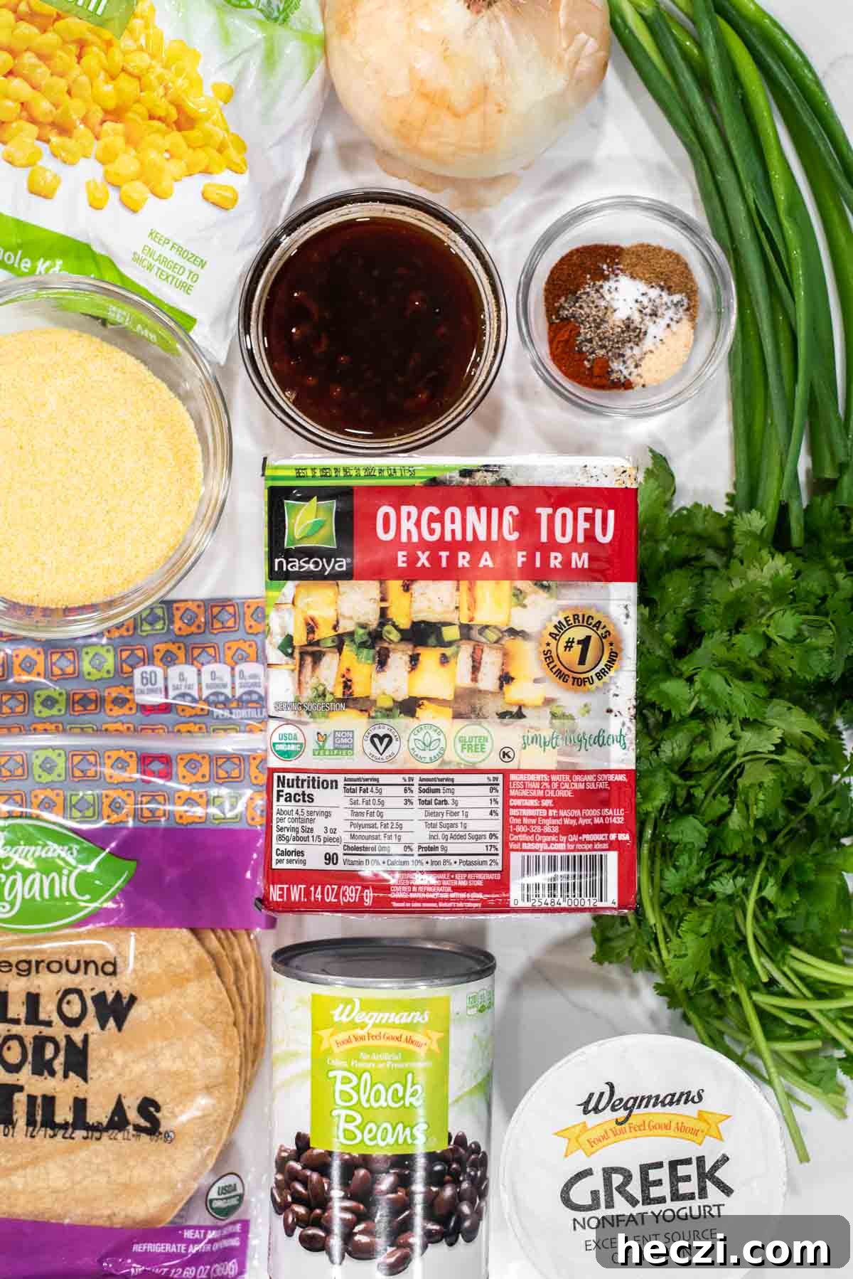 Crispy Tofu Tacos with Zesty Slaw and Avocado crema 3 overhead shot of ingredients for tofu tacos