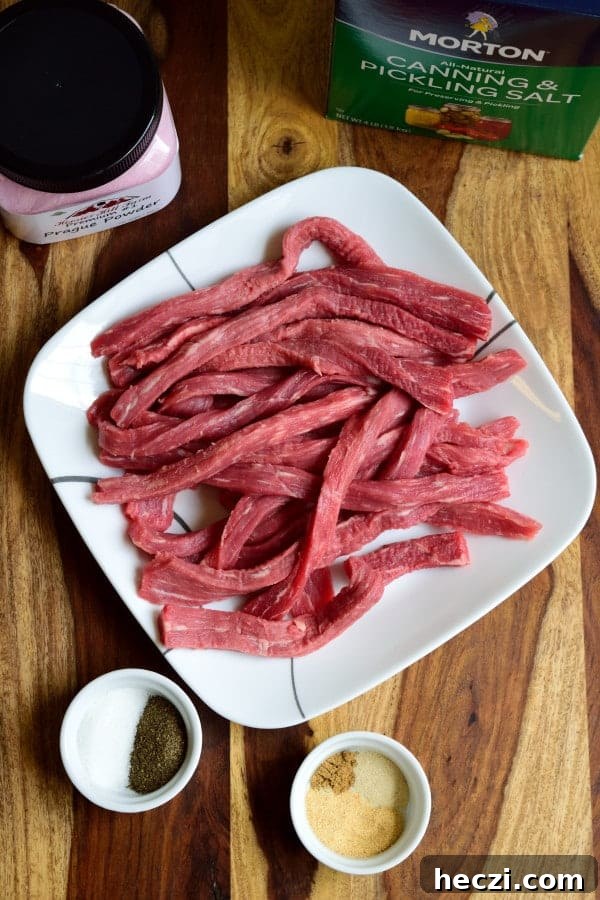Jerky strips on plate with seasoning and curing salt on cutting board