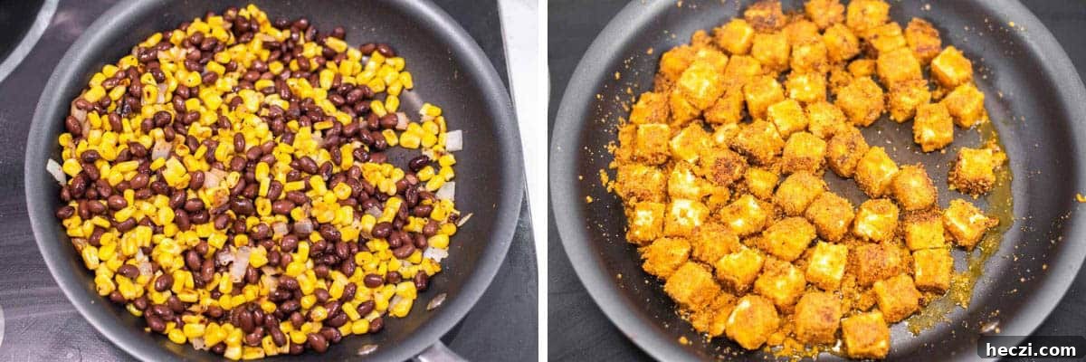 Crispy Tofu Tacos with Zesty Slaw and Avocado crema 6 process shots of cooking corn mixture and tofu in skillets