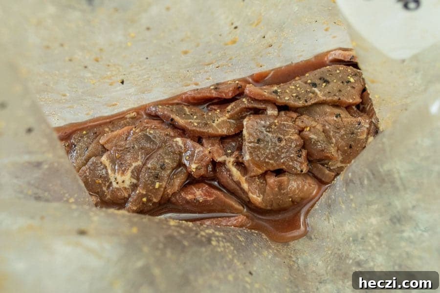 Marinating jerky strips in bag