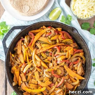 Sweet potato fajitas in cast iron skillet.