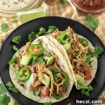shredded chicken tacos on black pate