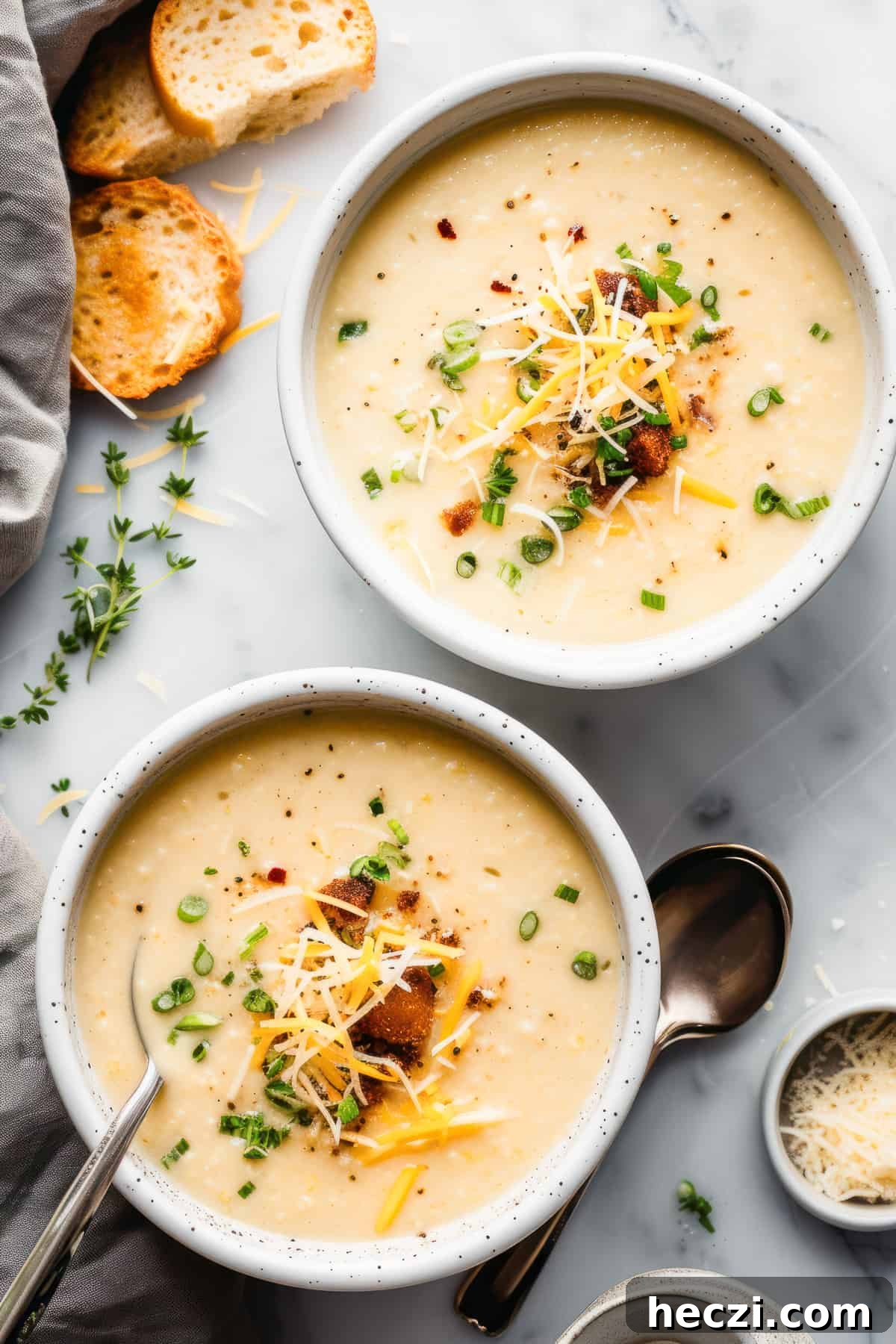 Creamy Cauliflower Cheese Soup Recipe — Comforting & Simple 2 Cauliflower cheese soup with green onions and croutons in a white bowl.