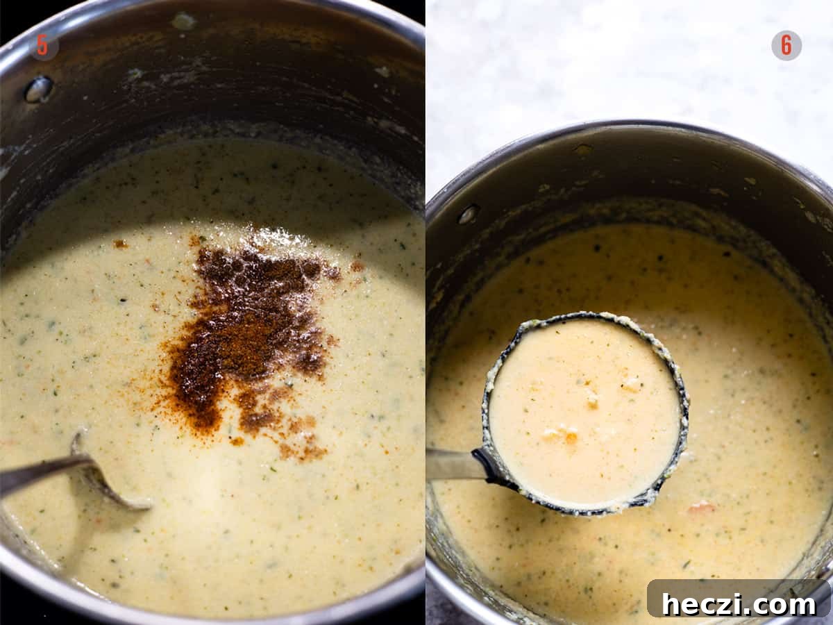 Creamy Cauliflower Cheese Soup Recipe — Comforting & Simple 6 Creamy cauliflower cheese soup in a pot.