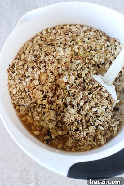 Lemon Blueberry Quinoa Granola All the components for Blueberry Granola in a white mixing bowl.