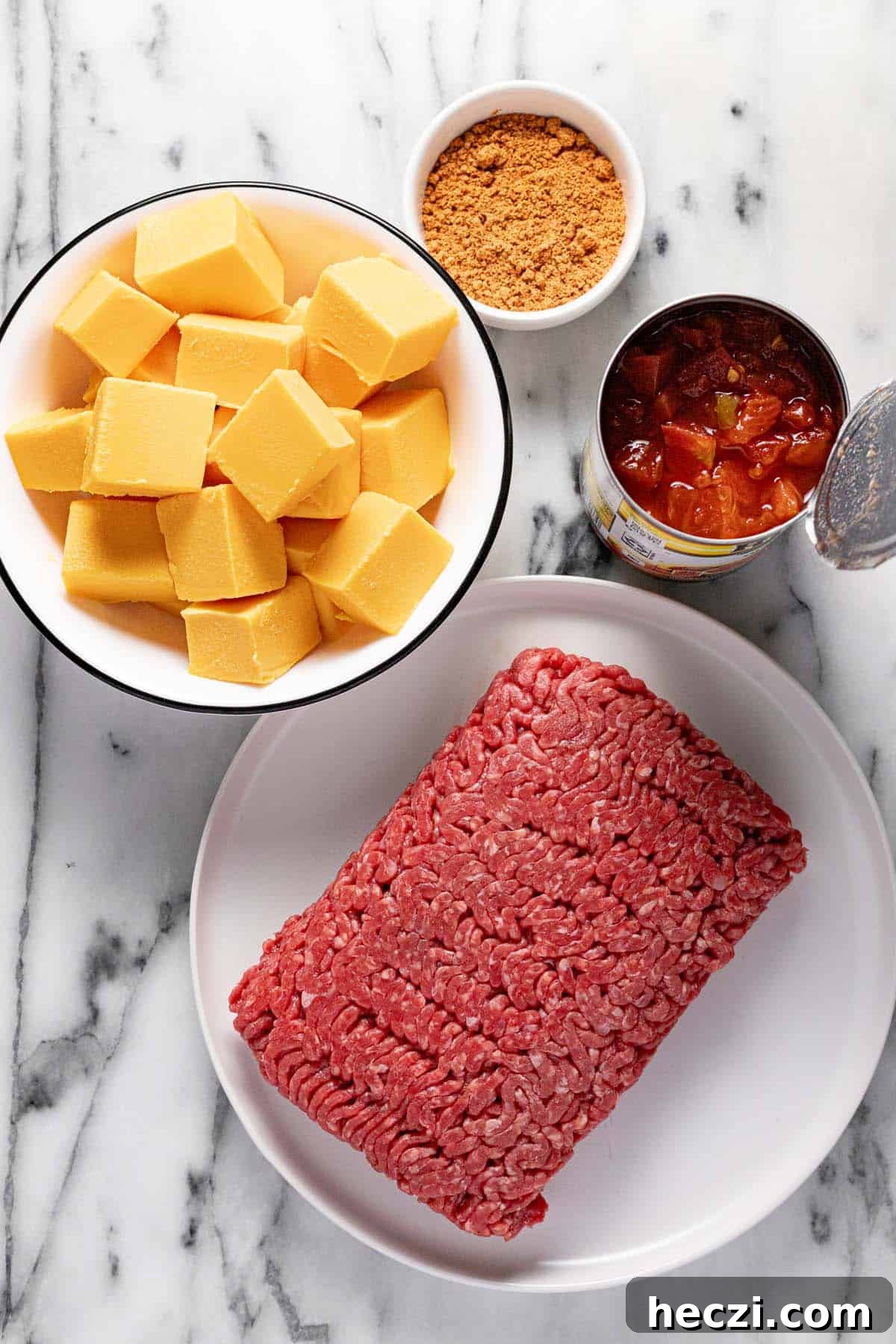 Creamy Rotel Dip Recipe with Cheesy Sausage for Parties 3 Bowls of ingredients to make Velveeta rotel dip.