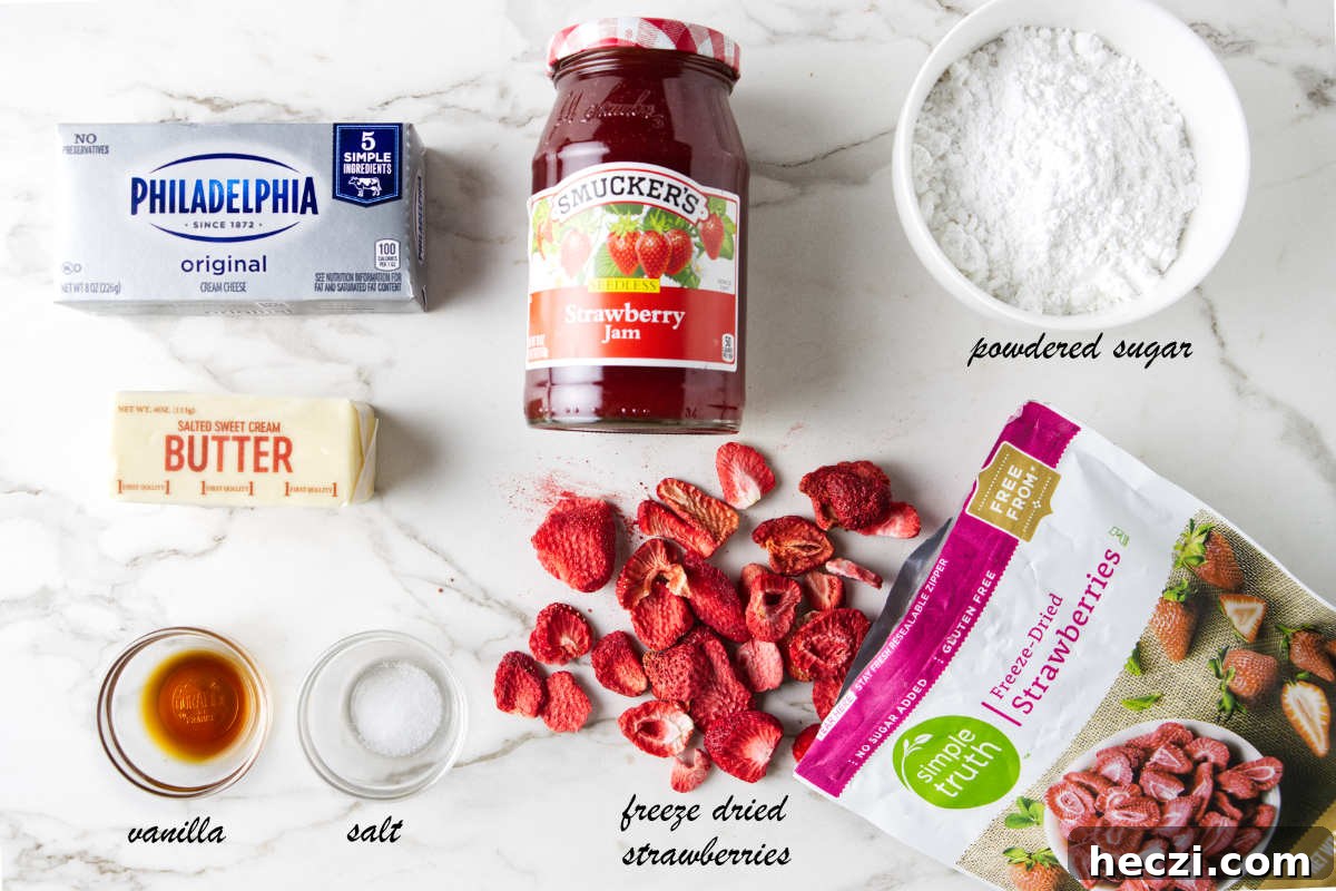 Strawberry Cream Cheese Frosting Recipe for Cakes & Cupcakes 3 Cream cheese, strawberry jam, powdered sugar, freeze dried strawberries, salt, vanilla extract, and butter.
