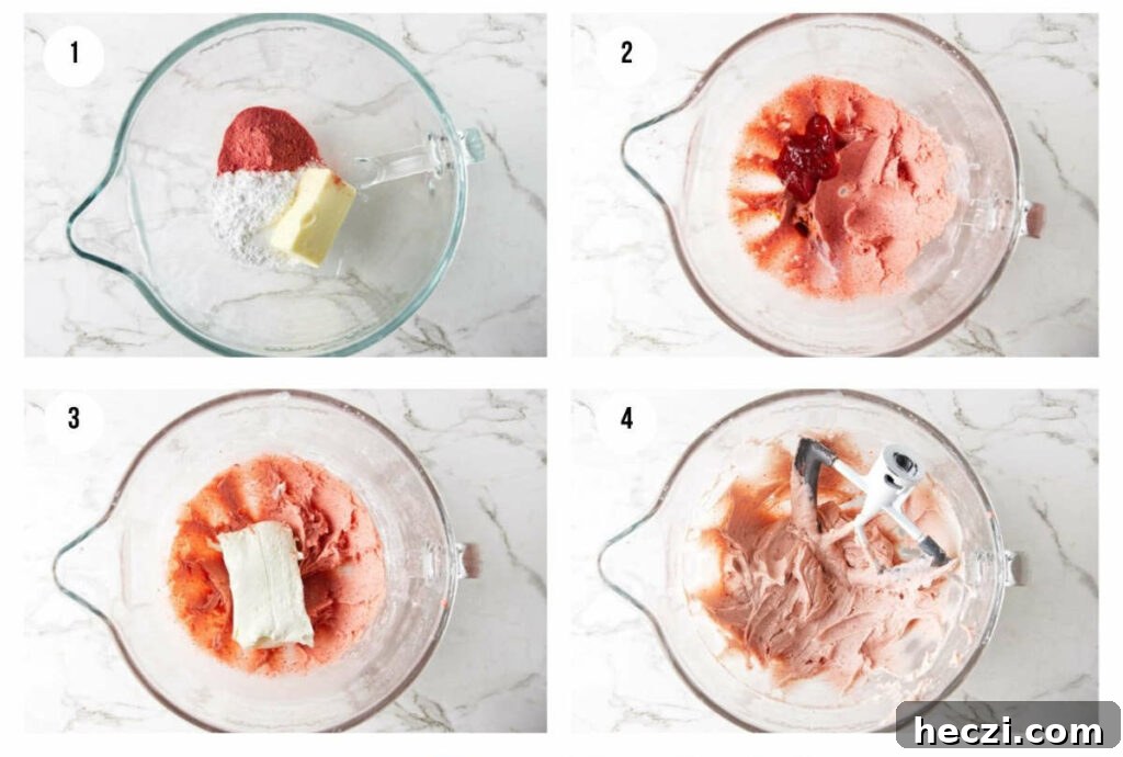 Strawberry Cream Cheese Frosting Recipe for Cakes & Cupcakes 4 Four photos showing how to mix strawberry jam and strawberry powder into cream cheese frosting.